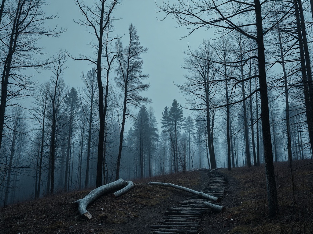 Туманная лесная тропа среди голых деревьев, создающая мрачную и загадочную атмосферу.