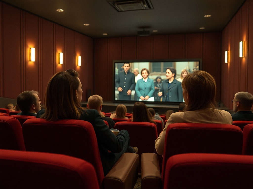 Зрители в красных креслах смотрят фильм в современном кинотеатре с большим экраном.