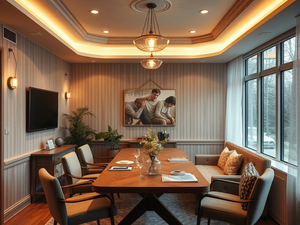 Современный уютный офис с длинным столом, удобными креслами и картинами на стенах, освещенный мягким светом.