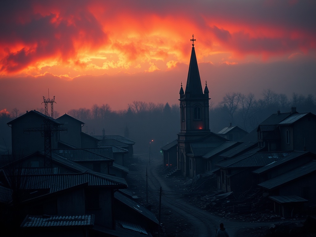 На фоне заката виден заброшенный город и старая церковь в тумане. Атмосфера таинственная и угнетающая.