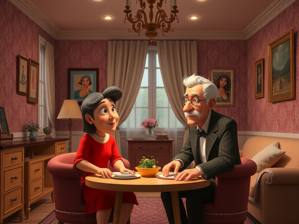 Два анимационных персонажа сидят за столом в уютной комнате, разговаривая и наслаждаясь обедом.