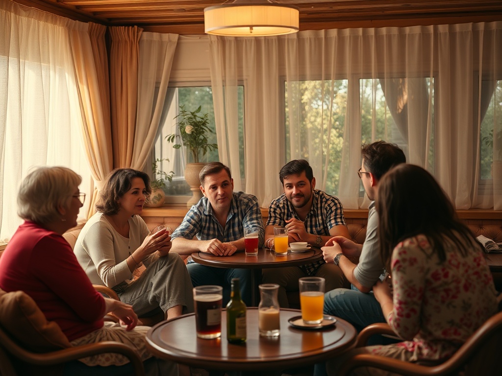 Группа людей общается в уютном кафе, наслаждаясь напитками и доброй компанией.