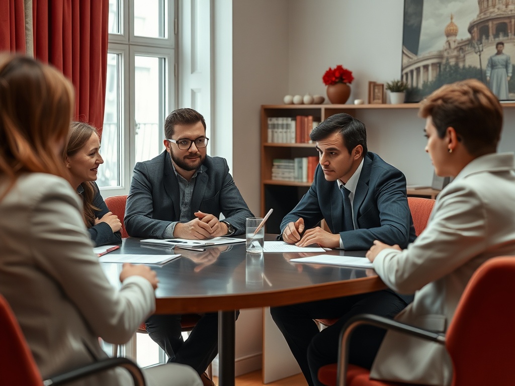 Группа людей в деловых костюмах обсуждают проекты за круглым столом в уютном офисе.