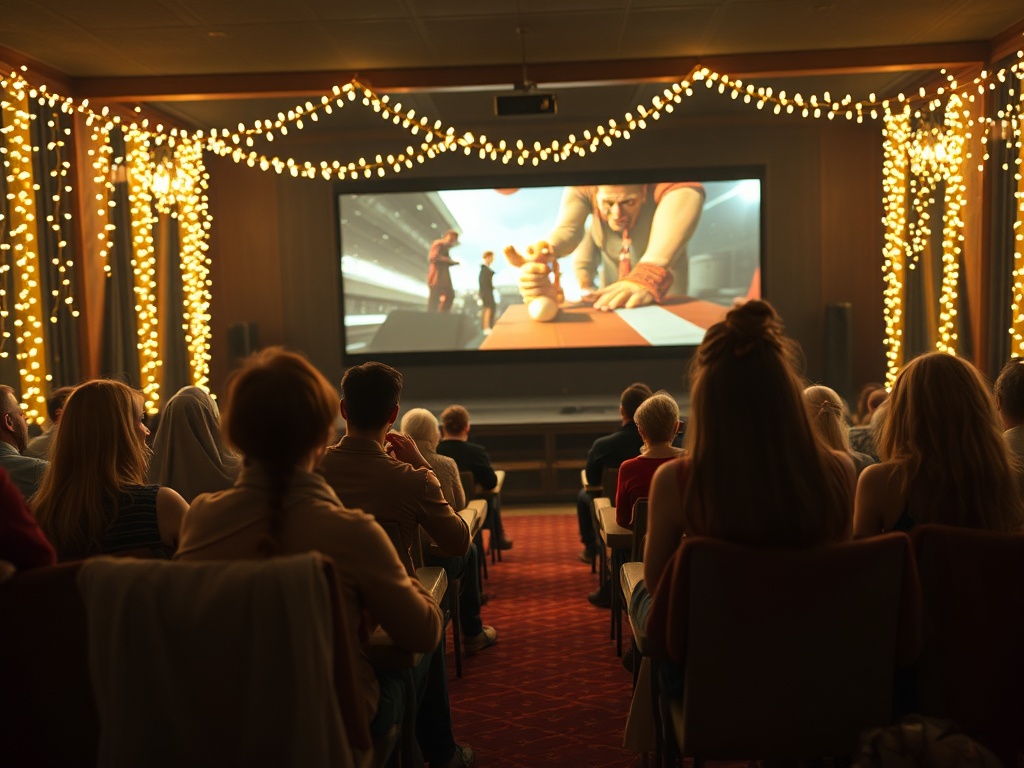 В зрительном зале зрители смотрят фильм на большом экране, украшенном огоньками. Атмосфера уютная и праздничная.