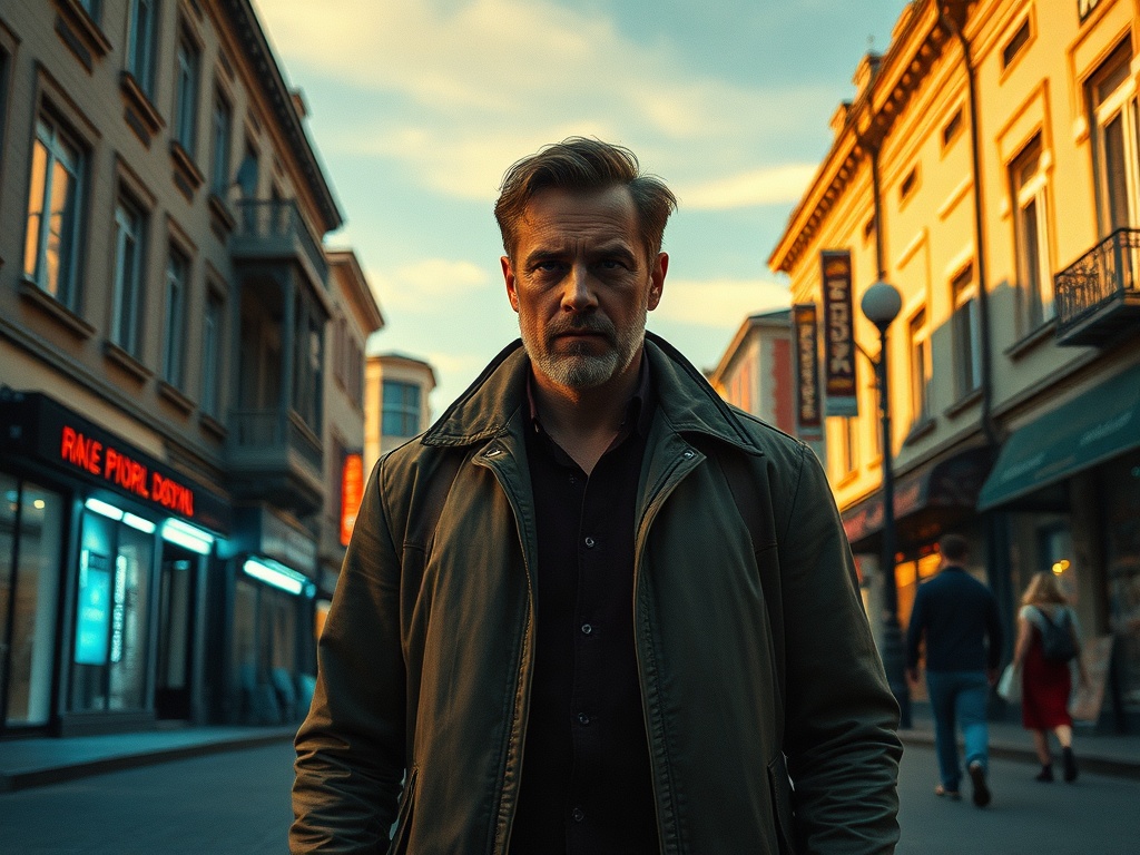 На улице человек в куртке, вокруг здания и прохожие, вечерний свет создает атмосферу.