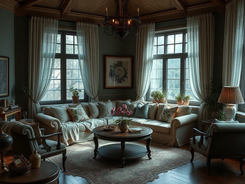 Светлая гостиная с уютным диваном, растениями и большими окнами, пропускающими солнечный свет.