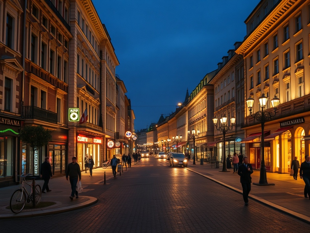 Улочка города вечером, освещенная фонарями, прохожие и автомобили создают оживленную атмосферу.