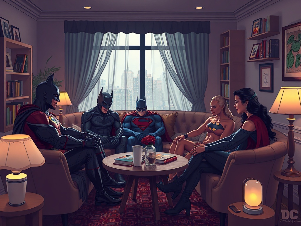 На уютном диване собрались супергерои: Бэтмен, Супермен и Чудо-женщина обсуждают важные дела.