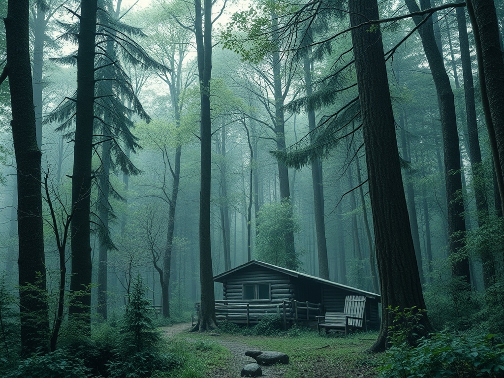Небольшой деревянный домик на тропе в зеленом лесу, окутанном утренним туманом.