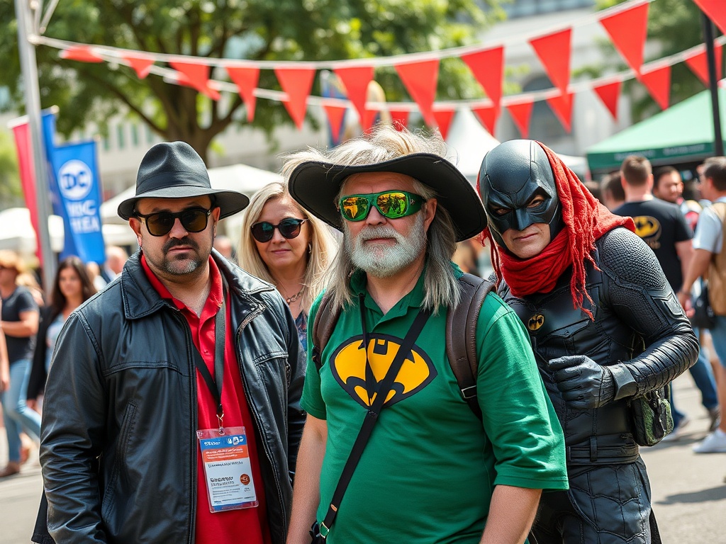 На изображении группа людей в костюмах на фестивале, рядом с яркими флагами и стендами.