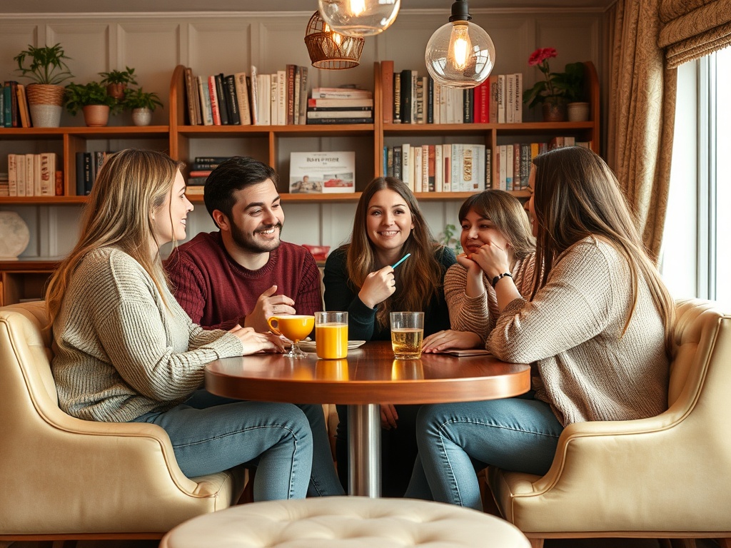 На изображении пятеро друзей общаются за столом с напитками в уютной обстановке.