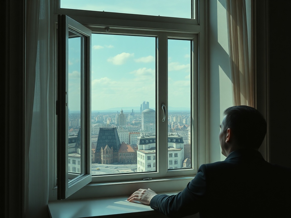Человек в костюме смотрит в окно на город с высоких этажей, облака на небе.