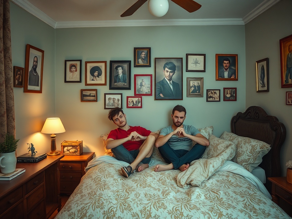 Два молодых человека сидят на кровати в уютной комнате, окружённые фотографиями на стенах.