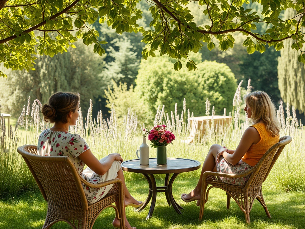 Две женщины сидят в саду за столом, окруженные зеленью и цветами, ведут беседу.