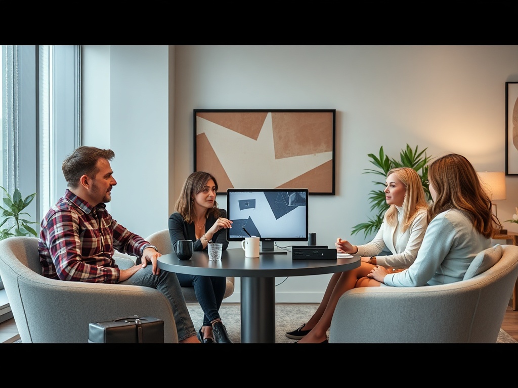 Четыре человека обсуждают проект за круглым столом в современном офисном интерьере.