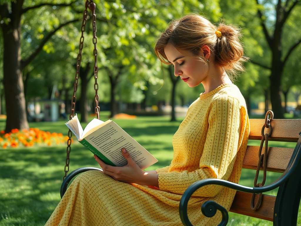 Девушка в желтом платье читает книгу на скамейке в парке среди зелени и цветов.