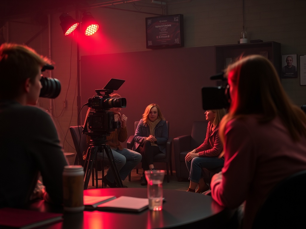 Группа людей на интервью, камеры и красные огни создают атмосферу для записи.