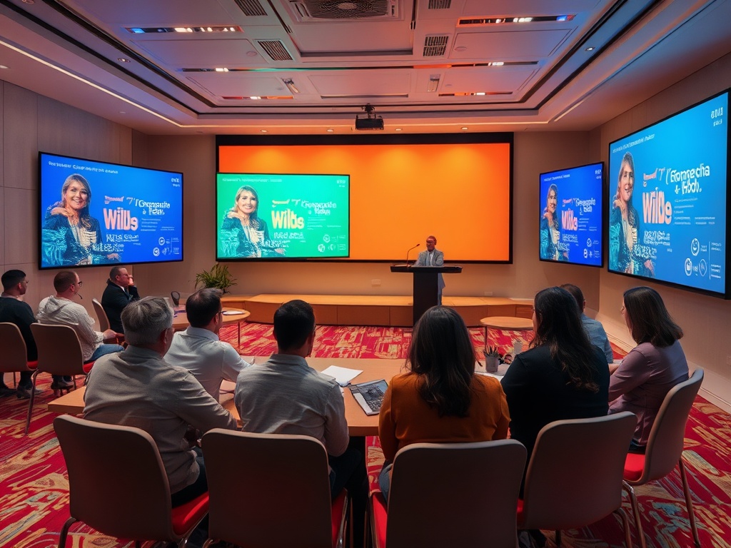 На мероприятии присутствуют люди, слушающие выступление перед экраном с информацией.