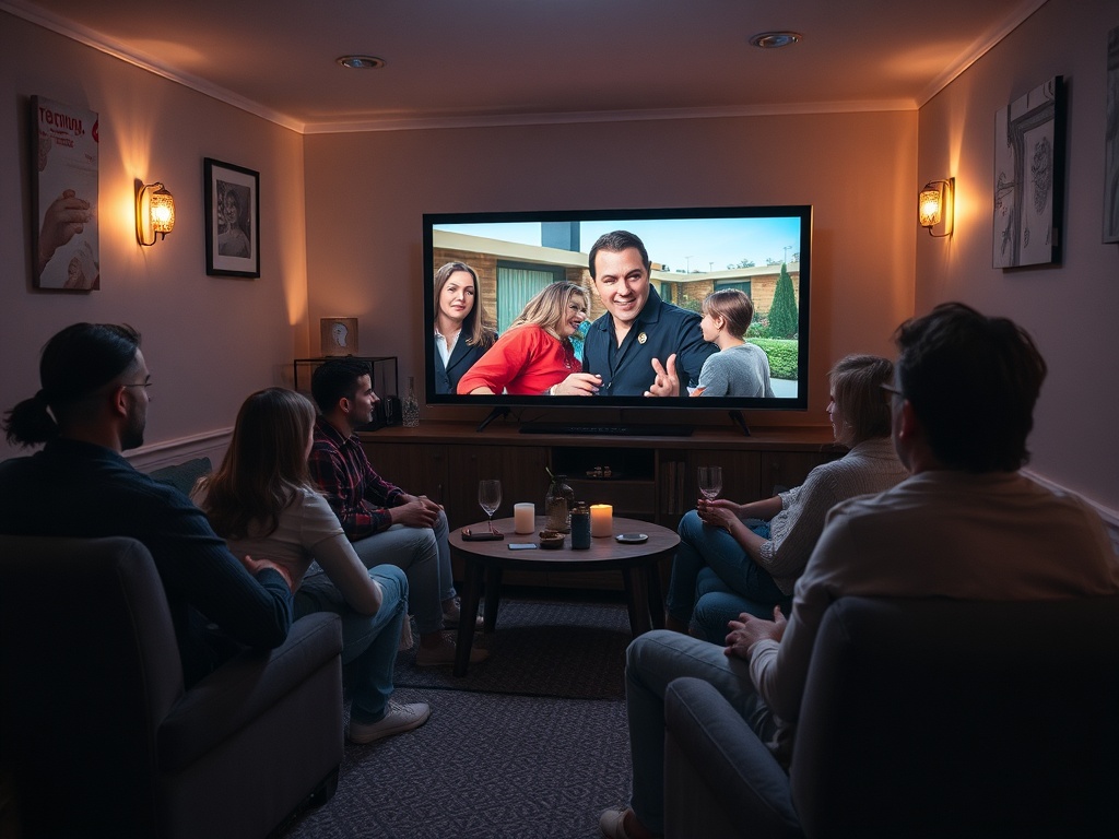 Группа друзей смотрит телевизор в уютной комнате, обсуждая показываемую передачу.