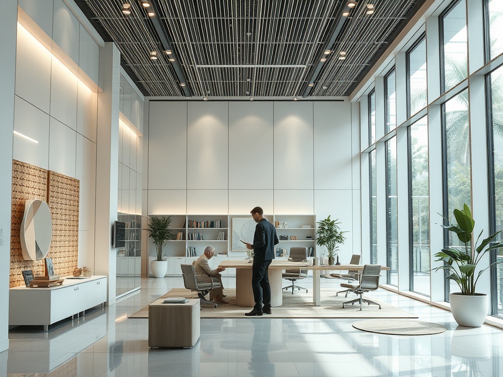 Современный офис: два человека обсуждают идеи, большие окна, много света и зеленые растения.