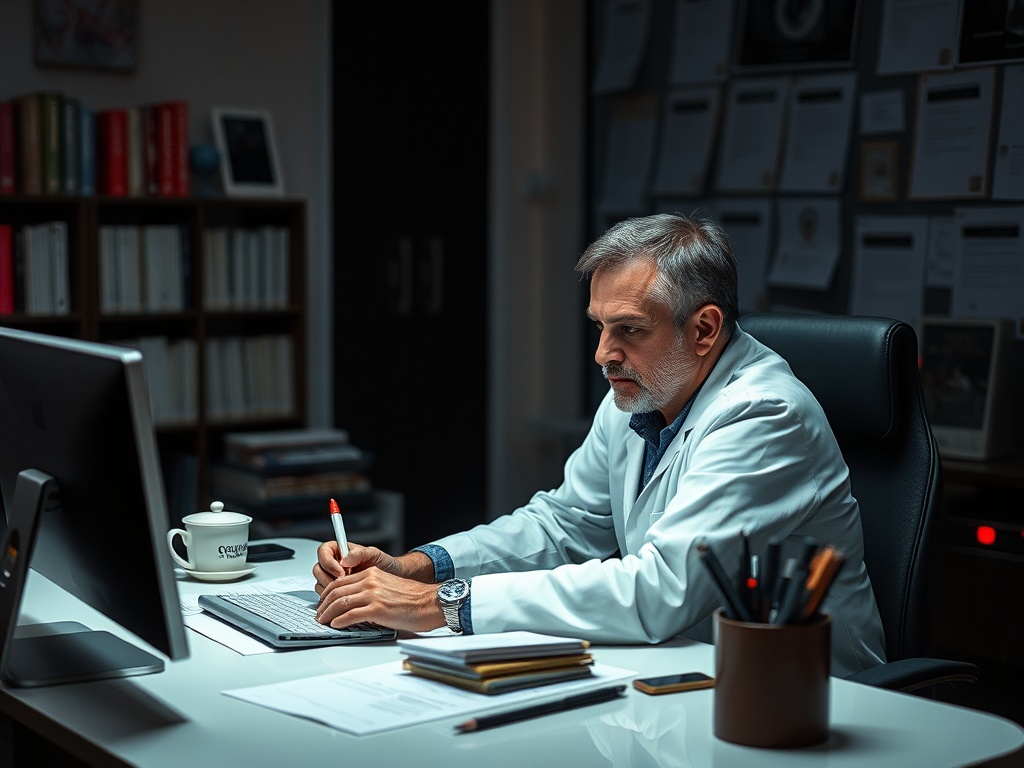 Врач сидит за столом, работает на компьютере и делает заметки на клавиатуре в уютном кабинете.