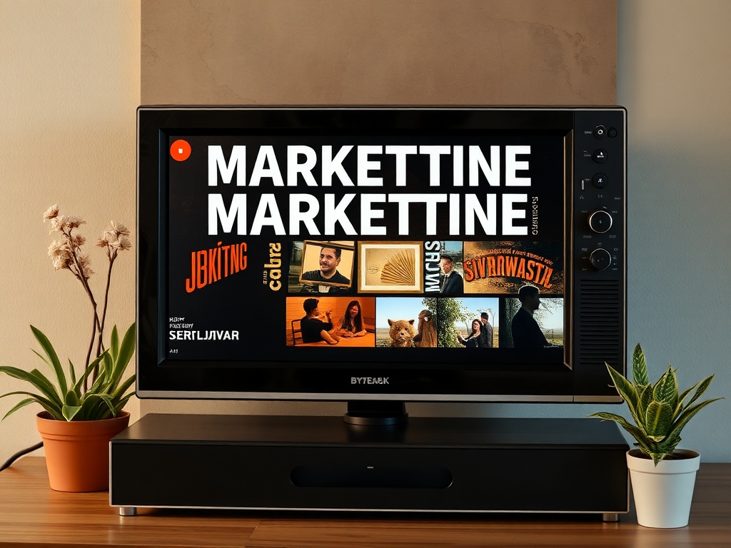 На телевизоре отображается слово "MARKETTINE" с различными изображениями и логотипами внизу.