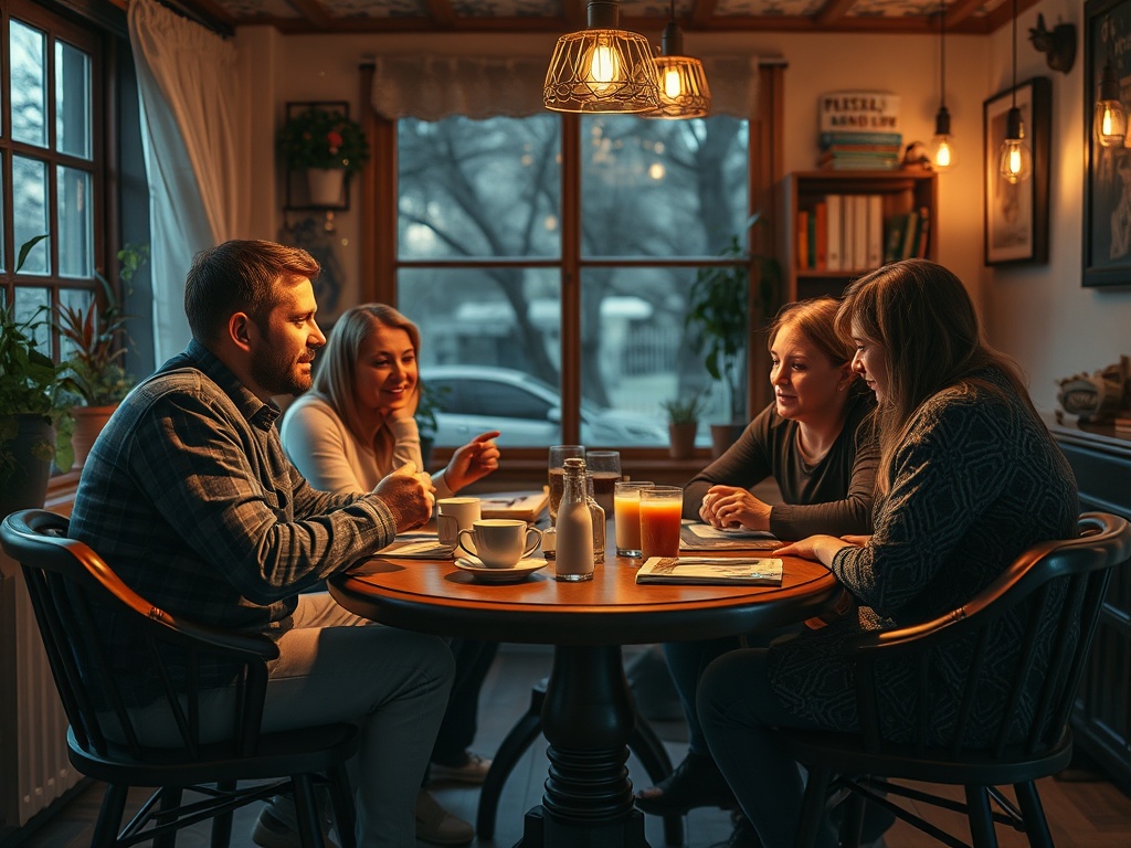 Четыре человека беседуют за столом в уютном кафе, на столе напитки и меню, свет из окон создает теплую атмосферу.