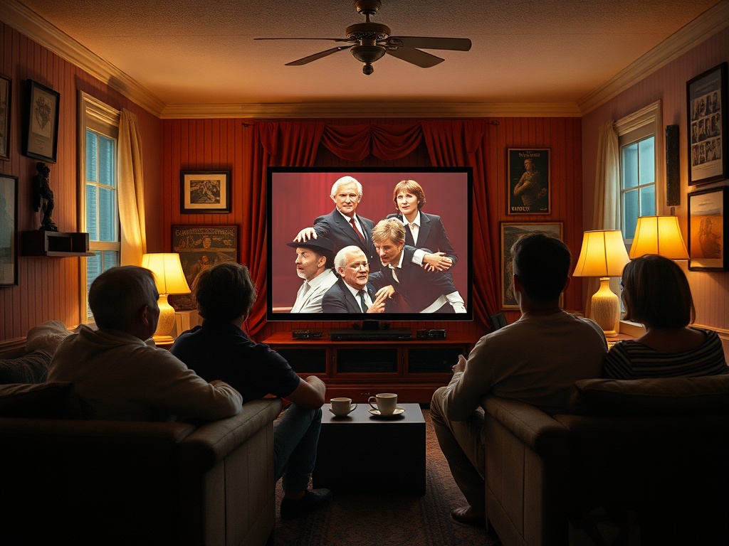 Четыре человека смотрят телевизор в уютной комнате с мягким светом и уютной атмосферой.