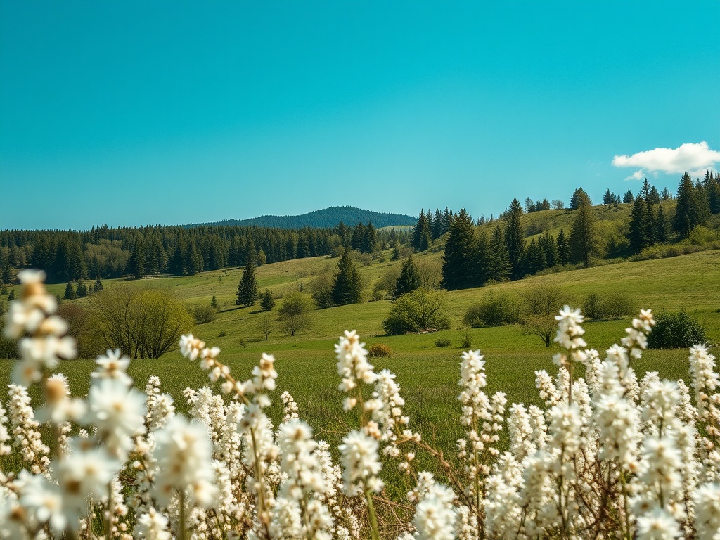 На изображении живописный ландшафт с зелеными холмами, лесами и цветами на переднем плане под голубым небом.