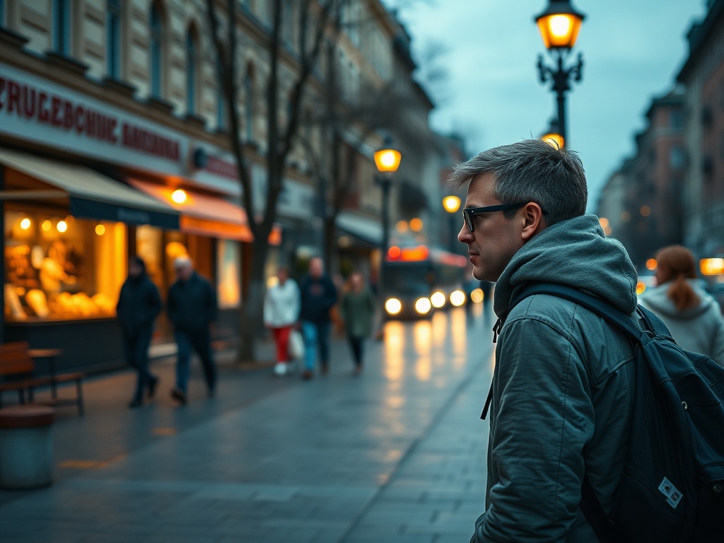 На улице вечер, человек в очках и толстовке идет мимо магазинов и прохожих под уличными фонарями.