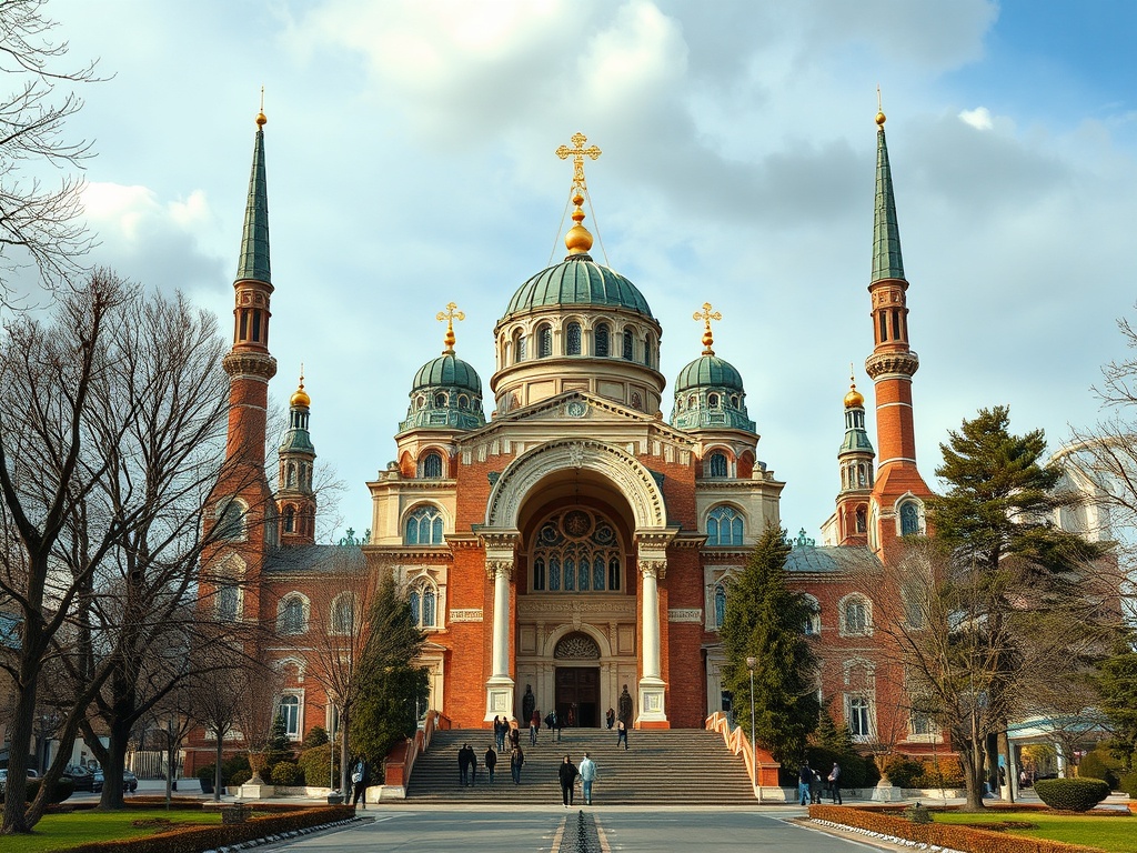 Церковь с высокими башнями, куполами и крестами, окруженная деревьями и посетителями. Яркий день с облаками.