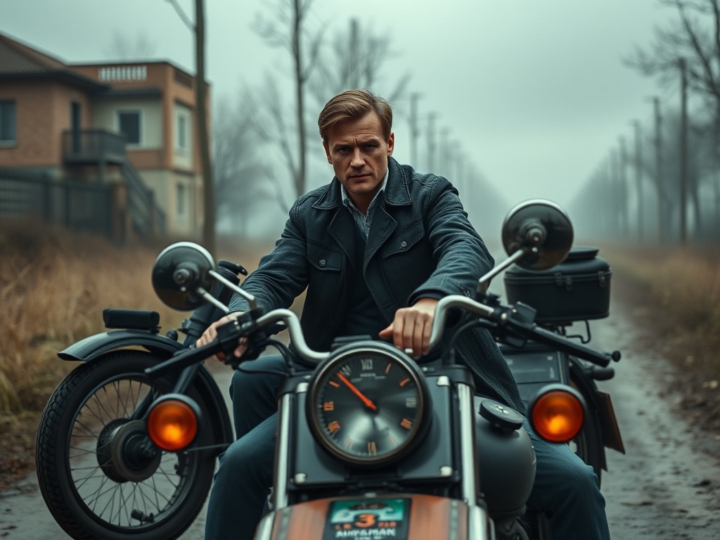 Мужчина в синем пальто сидит на мотоцикле на заброшенной дороге в туманном пейзаже.