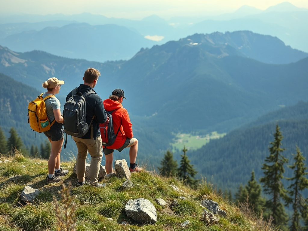 Трое туристов на вершине горы рассматривают живописный пейзаж вдалеке.