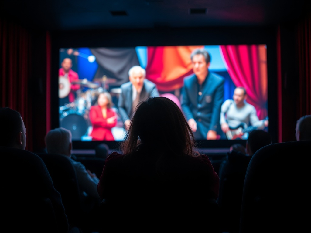 Зрители в кинотеатре смотрят музыкальный номер на большом экране. Атмосфера яркая и живописная.