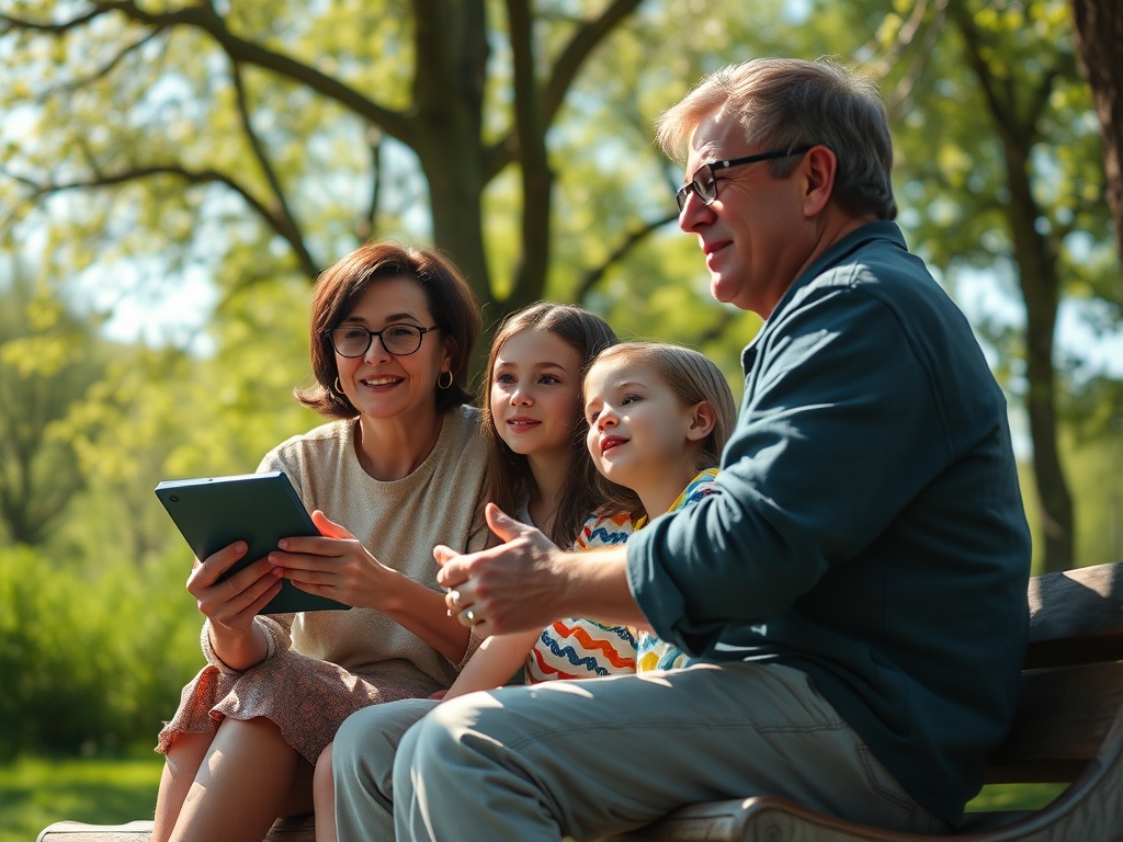 Семья на скамейке в парке. Взрослые показывают планшет детям, все улыбаются и проводят время вместе.