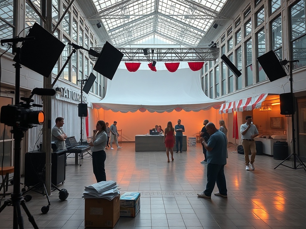 В помещении подготовка к мероприятию, освещение, работники и гости в разных позах и на фоне белого шатра.