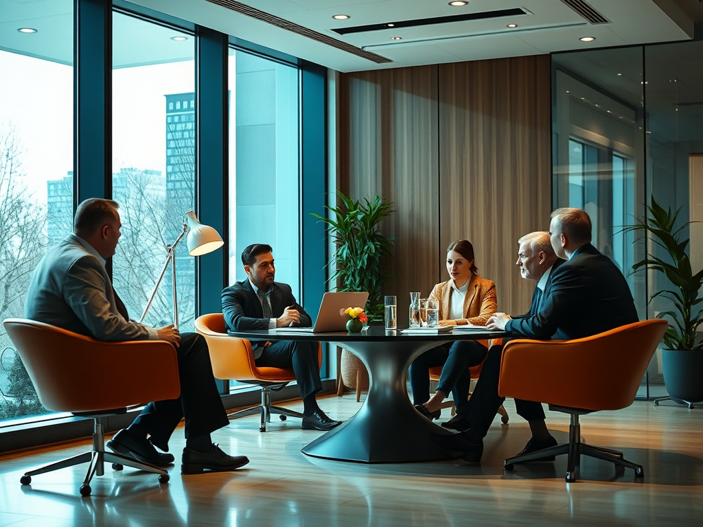 Деловая встреча в современном офисе. Четыре человека обсуждают идеи за круглым столом. Большие окна.