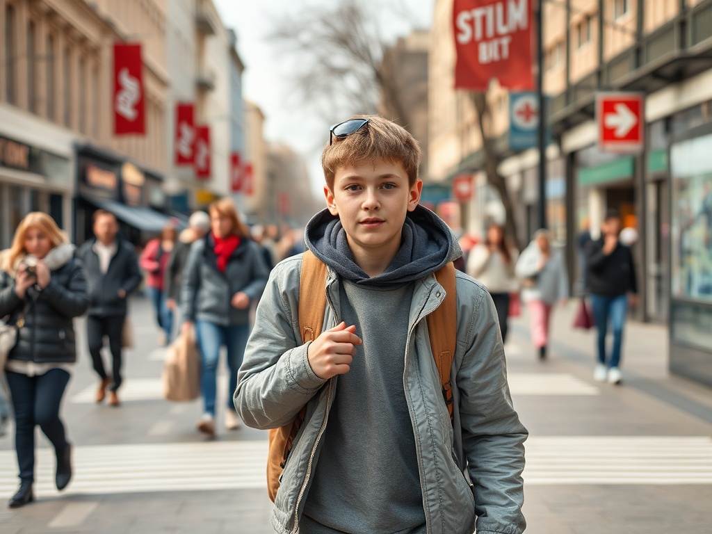 Молодой человек с рюкзаком идет по улице среди прохожих, на фоновых магазинах висят рекламные вывески.