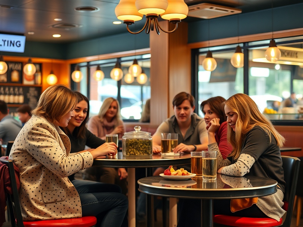 Группа женщин сидит за столом в кафе, наслаждаясь напитками и общением. Уютная атмосфера заведения.