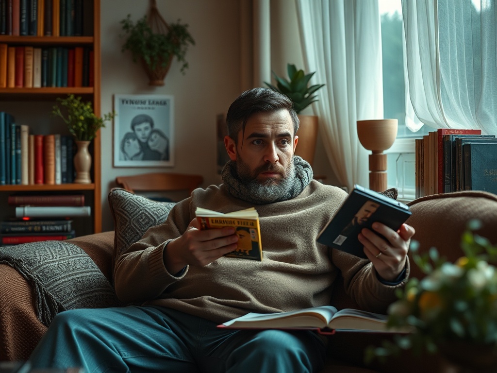 Мужчина в уютной обстановке читает книги, окружённый полками с литературой и зелеными растениями.