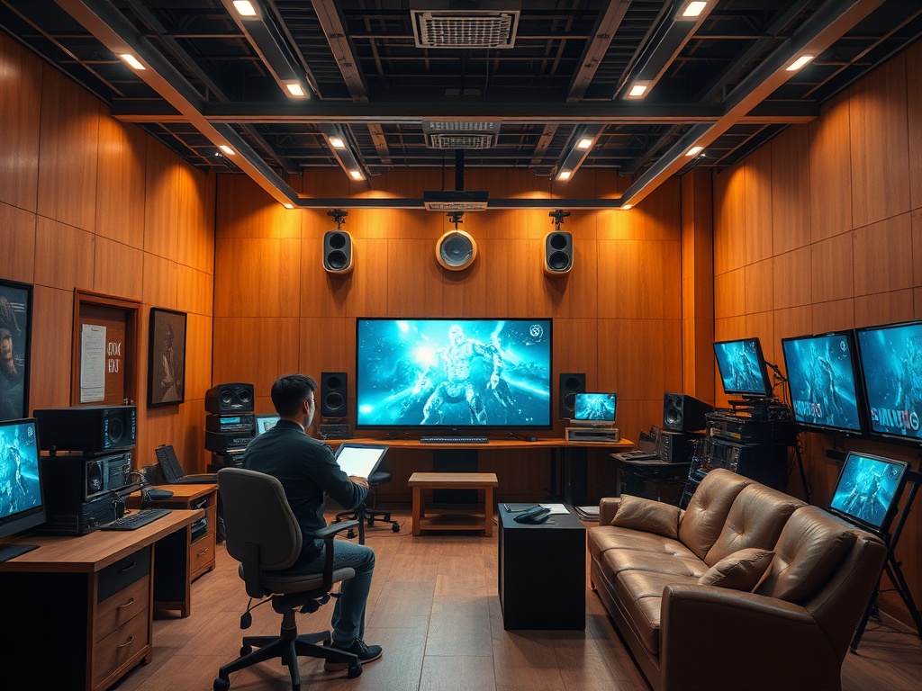 Современная студия с несколькими экранами и оборудованием, человек работает за компьютером.