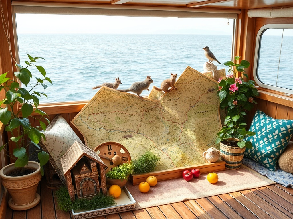 На уютной террасе, рядом с картой, сидят игрушечные белки и птица, с зеленым растением и фруктами.