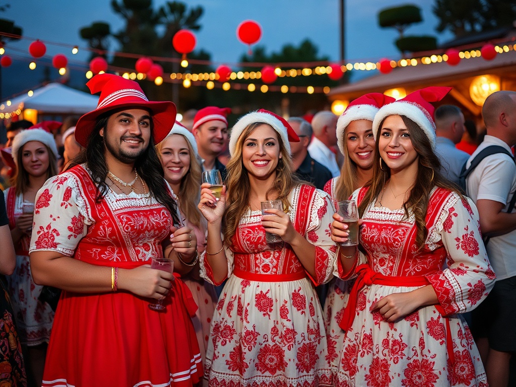 На празднике группа людей в праздничной одежде и новогодних шапках с напитками, радостно улыбаются.