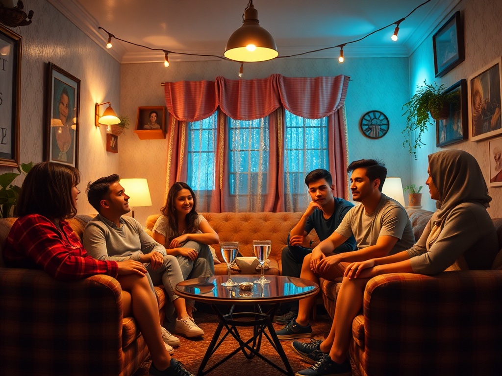 Группа молодых людей беседует в уютной комнате с мягким освещением и живописными картинами на стенах.