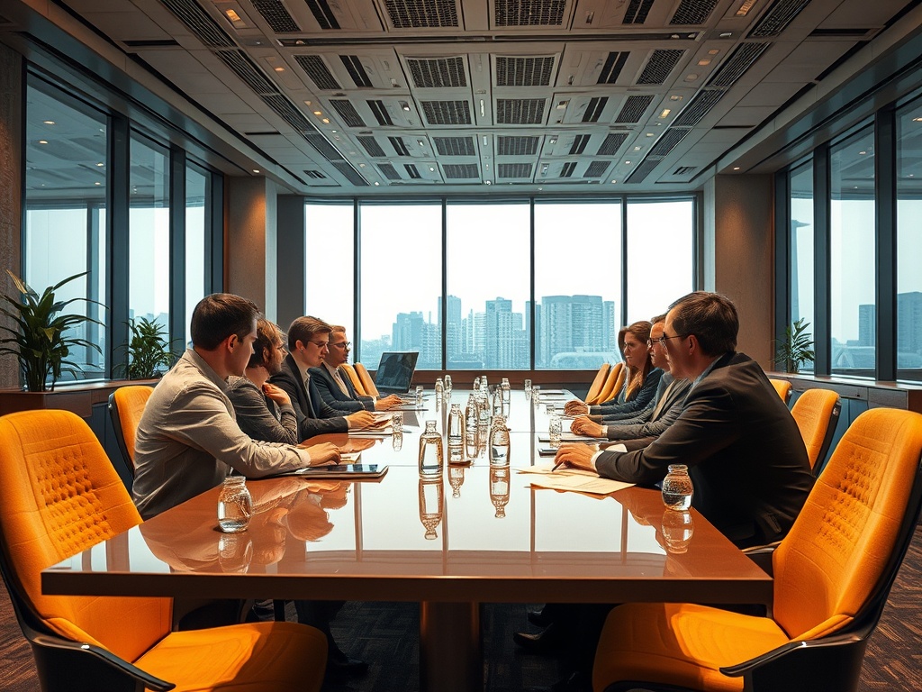 На встрече в офисе группа мужчин и женщин обсуждает планы за длинным столом. Высокие окна с видом на город.