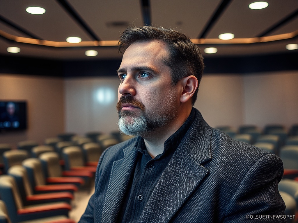 Мужчина в тёмном пиджаке стоит в зале ожидания, смотрит вдаль, задний план с рядами кресел.