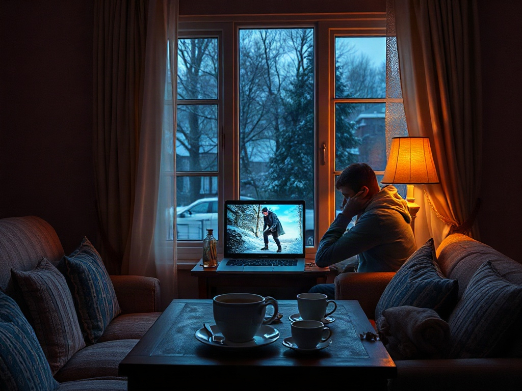 Человек сидит у окна, смотря на монитор, освещённый тёплым светом, в уютной комнате. На улице зимний пейзаж.