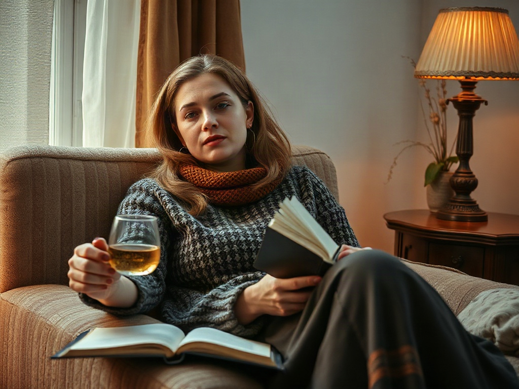 Молодая женщина сидит на диване с книгой и бокалом напитка, погруженная в чтение и атмосферу уюта.
